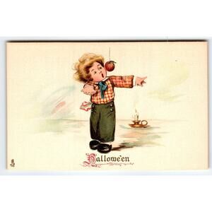 Vintage Tuck's Halloween Postcard Boy with Apple & Candle Divided Back 803